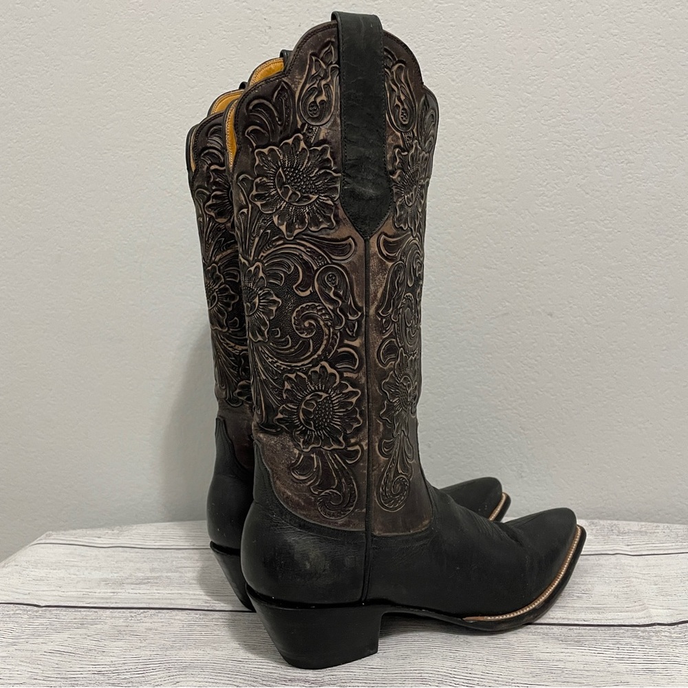 Leddy Vaquero Boots Western Tall Tooled Leather Black Dress Dancing Womens 9 B - Picture 4 of 12